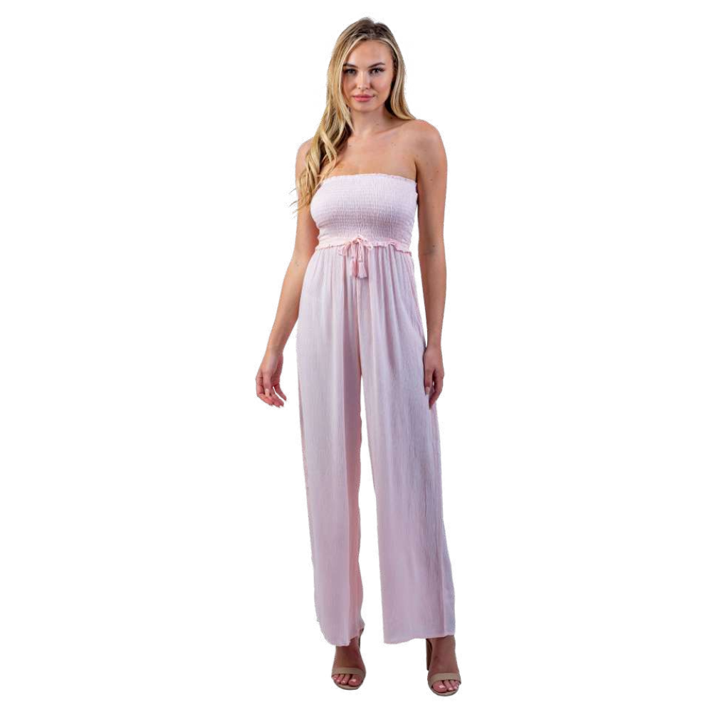 Smocked Strapless Jumpsuit With Tassels