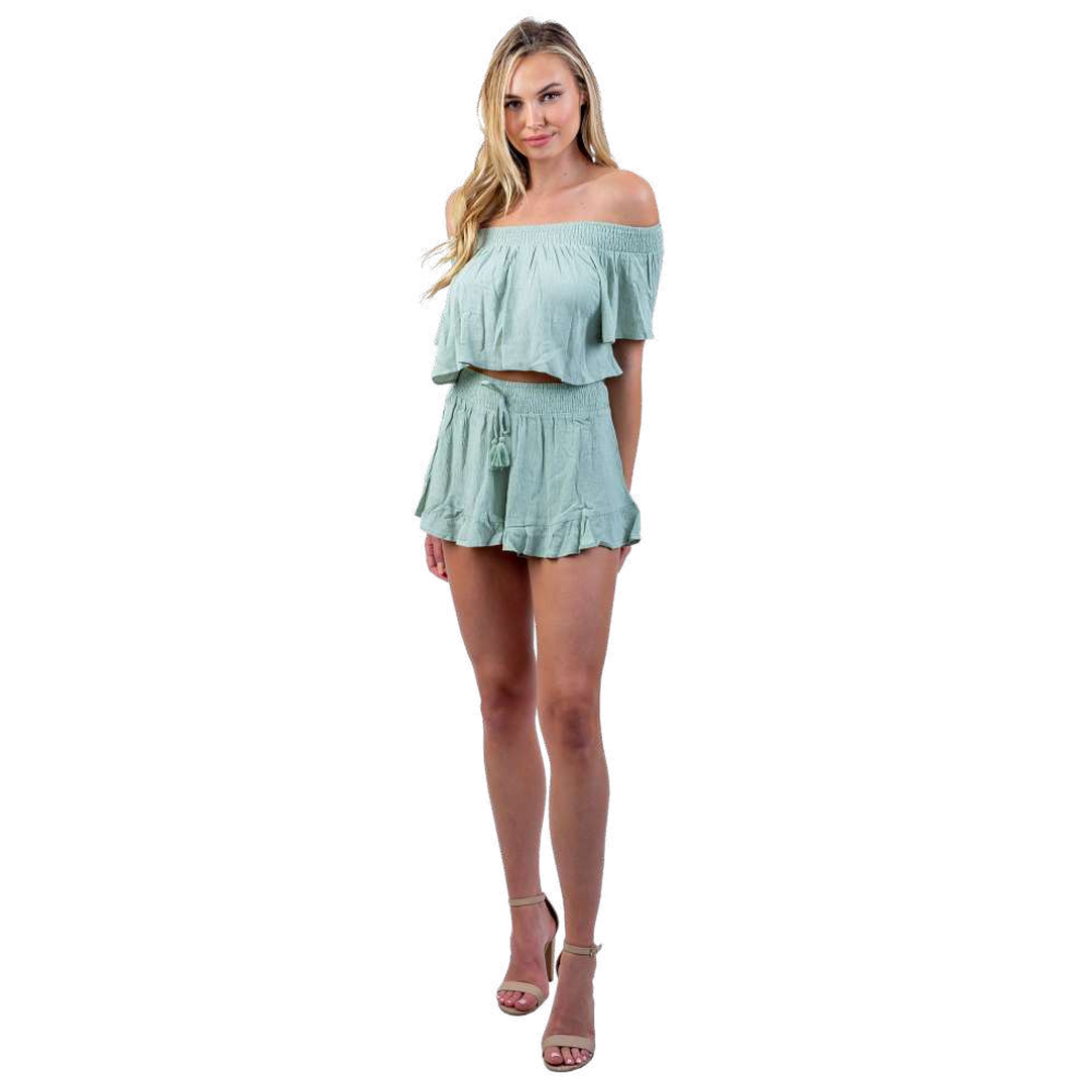 Flowy Crop Top And Shorts With Tassels And Ruffles (2 Piece Set)