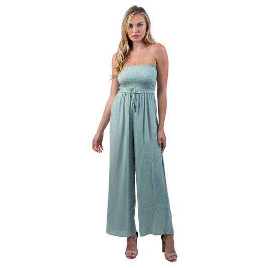 Smocked Strapless Jumpsuit With Tassels